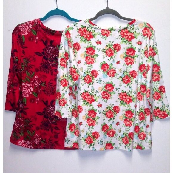 Pioneer Woman Lot of 2 Floral tops Sz M 3/4 Sleeve red and cream soft relaxed EC - Picture 3 of 10
